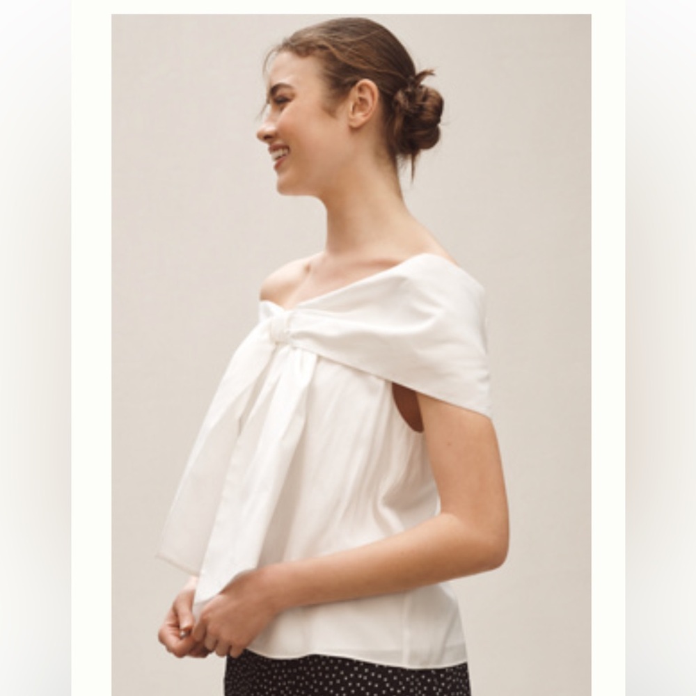 Anthropologie White Off-Shoulder Top with Front Bow
